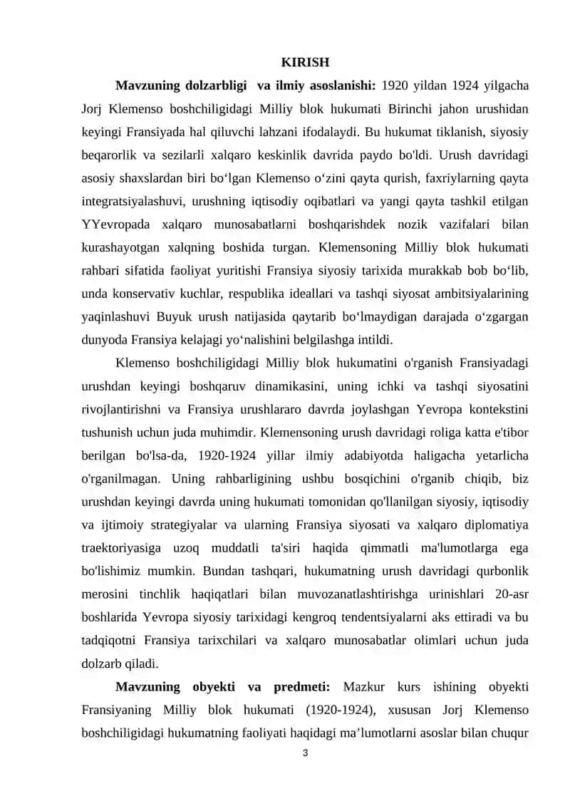 J.KLEMANSO BOSHCHILIGIDAGI “MILLIY BLOK” HUKUMATINING FAOLIYATI (1920-1924-YILLAR) MAVZUSIDA YOZGAN 3