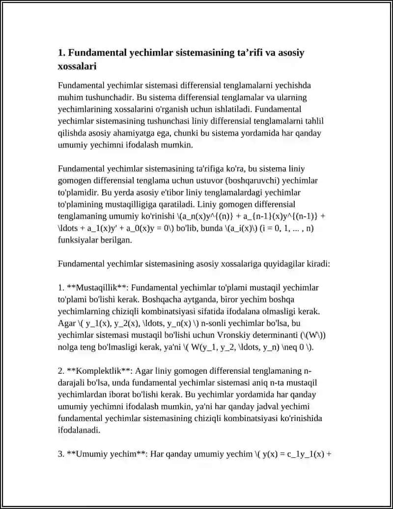 BIR JINSLI BOʻLMAGAN CHIZIQLI TENGLAMALAR SISTEMASINING FUNDAMENTAL YECHIMLAR SISTEMASI VA YECHIMLAR SISTEMASINI QURISH 3