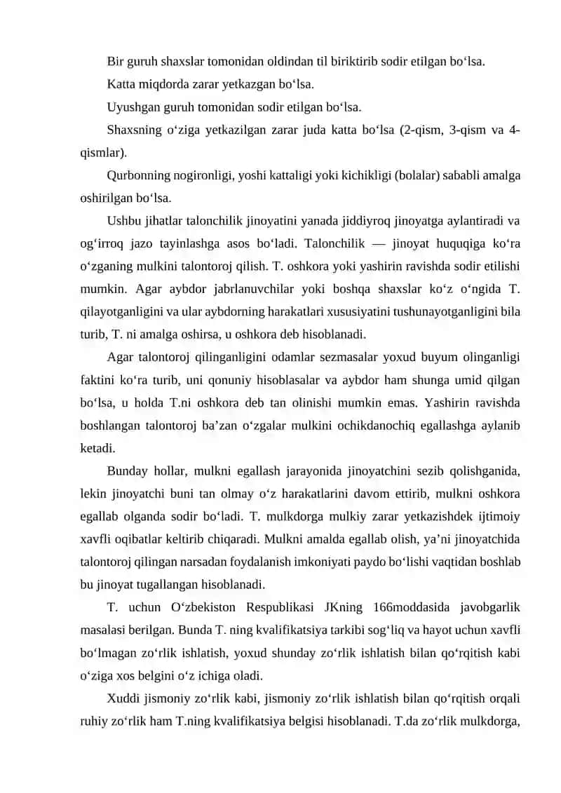 TALONCHILIK JINOYATI TUSHUNCHASI, JINOYAT TARKIBI,JAVOBGARLIKNI OG‘IRLASHTIRUVCHI TURLARI 3