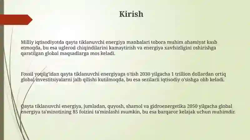 Muqobil energiya manbalarining xalq xoʻjaligidagi ahamiyati 3