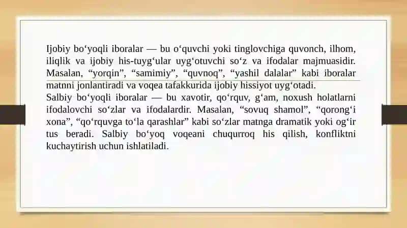 Ijobiy va salbiy boʻyoqli iboralar ishtirokida tasviriy matn yaratish 3
