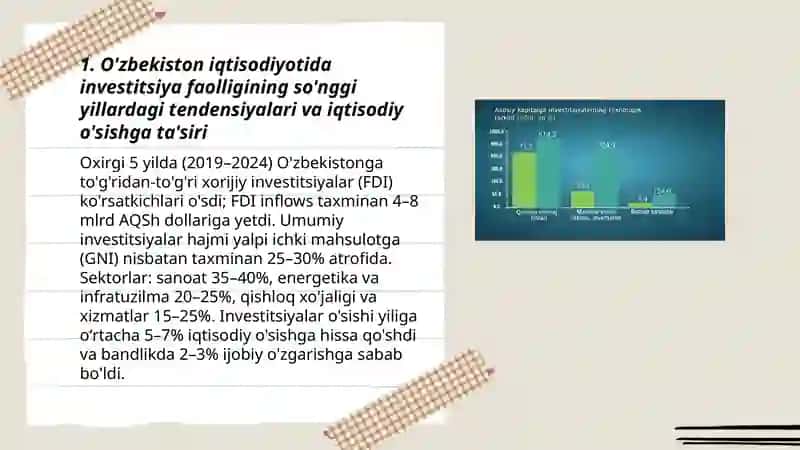 O'zbekiston iqtisodiyotida investitsiya faolligi va uning o' sishiga ta'siri 3