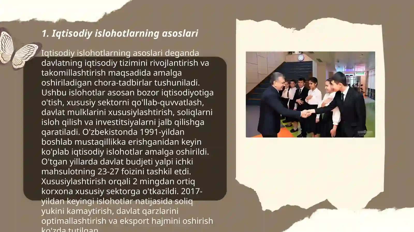 Iqtisodiy islohotlar, xususiy mulkchilikning shakllanishi. O'zbekistonda bozor munosabatlarining rivojlanishi 3