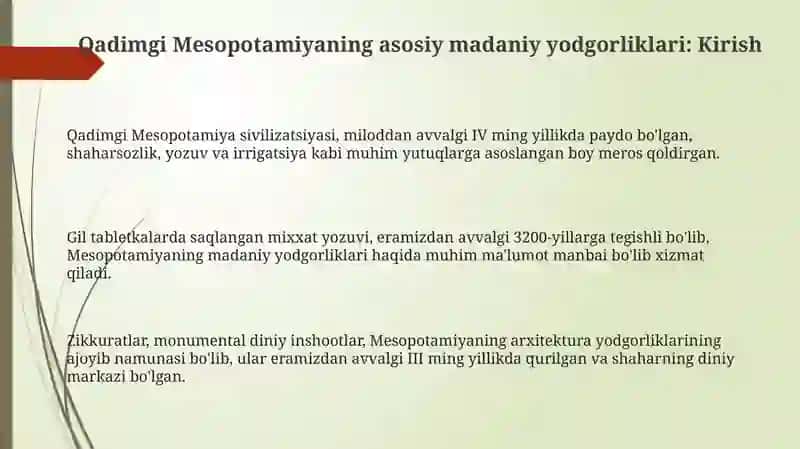 Qadimgi Mesopatamiyaning asosiy madaniy yodgorliklari 3