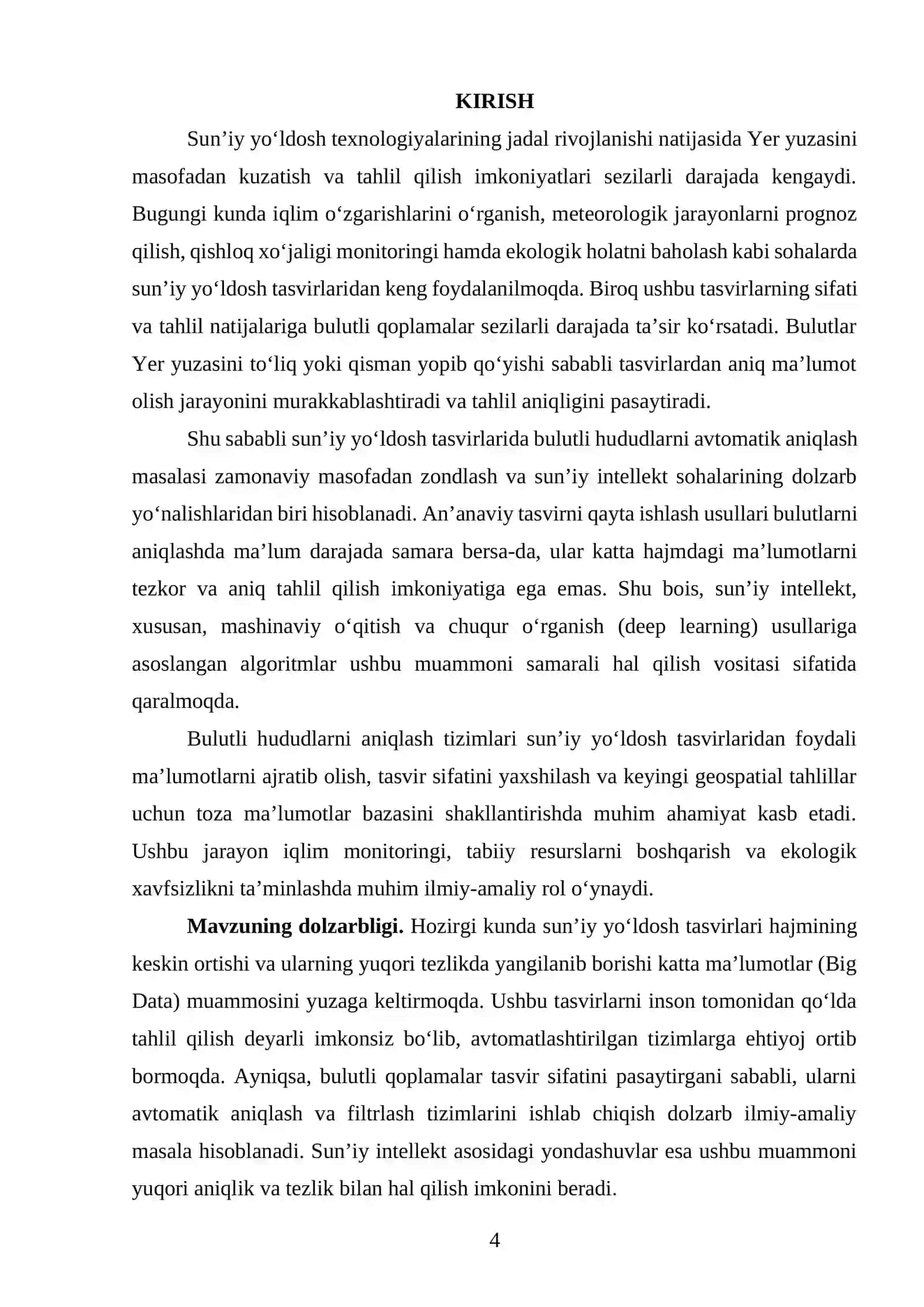 Sunʼiy yoʻldosh tasvirlaridan bulutli qismlarini aniqlashning sunʼiy intellekt algoritmini ishlab chiqish 3