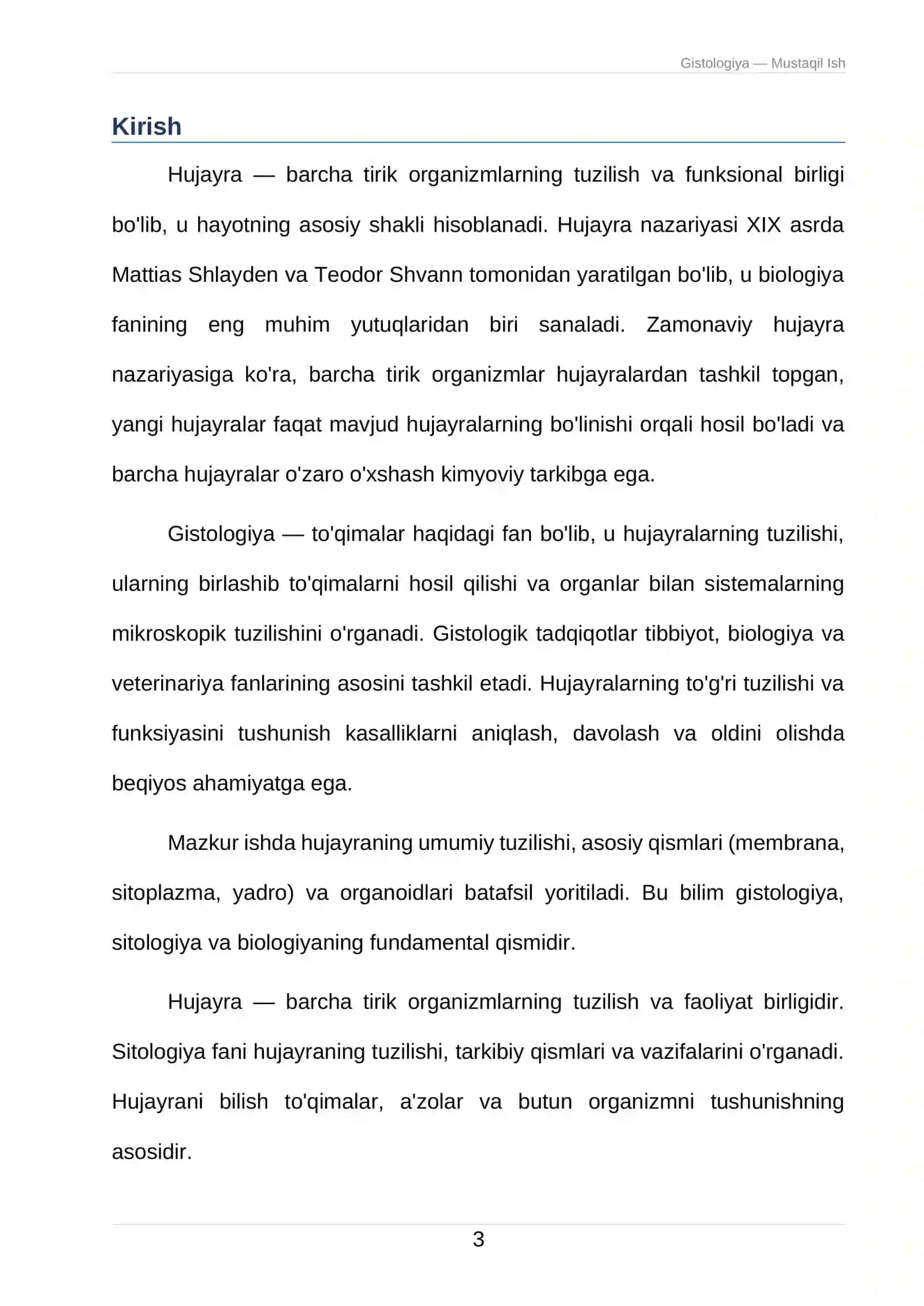 Mustaqil Ish: Gistologiya, sitologiya va embriologiya 3