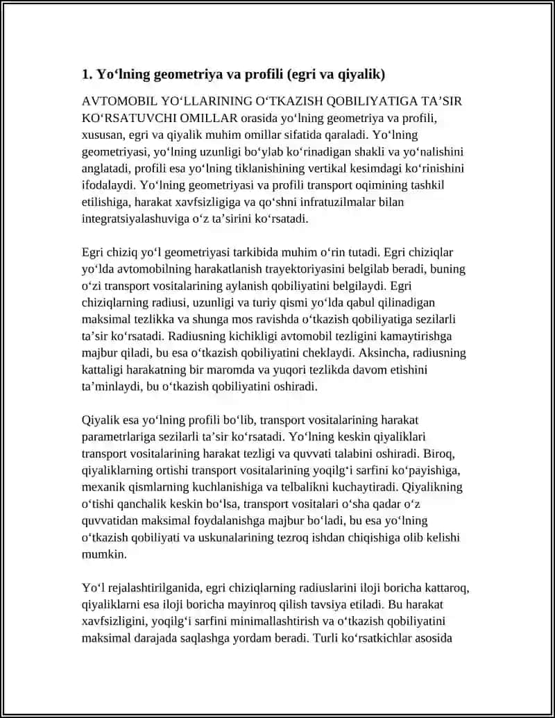 AVTOMOBIL YOʻLLARINING OʻTKAZISH QOBILIYATIGA TAʼSIR KOʻRSATUVCHI OMILLAR 3