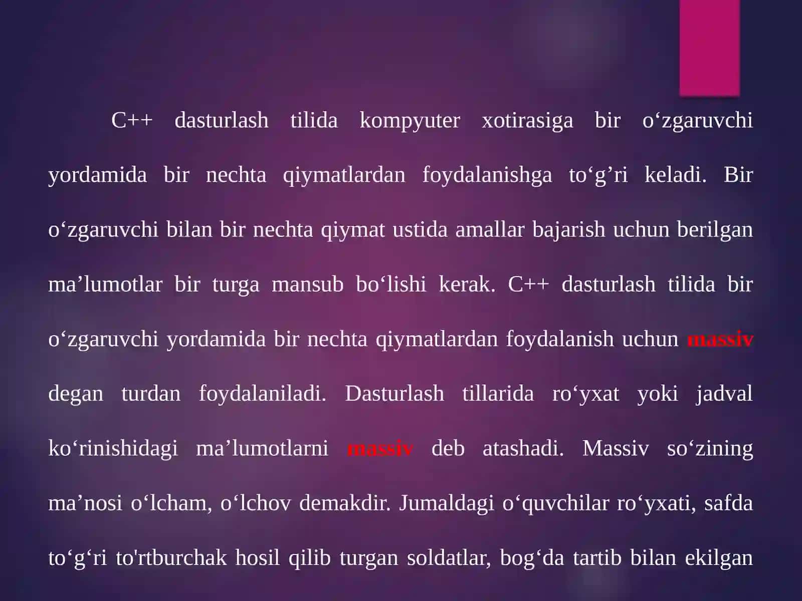DASTURLASH FANIDAN TAYYORLAGAN MUSTAQIL ISHI MASSIVLAR 3