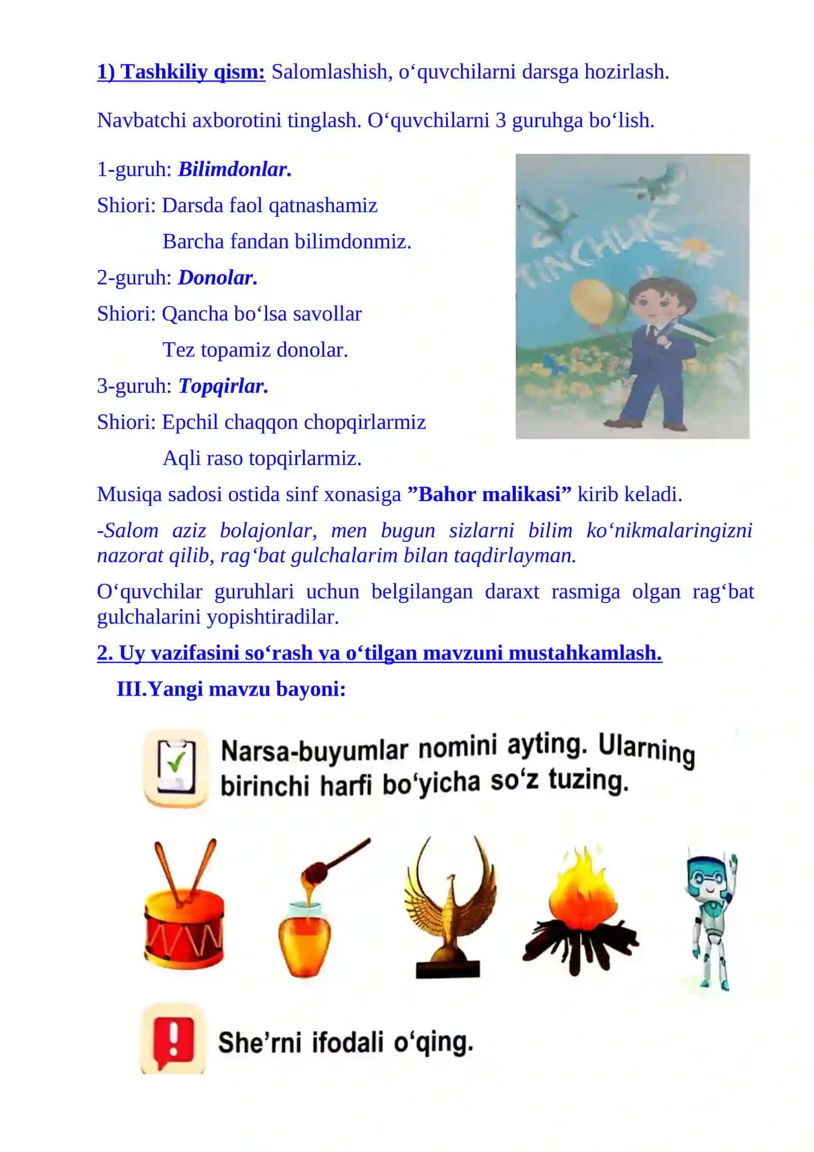 1-sinf o'qish salom senga gulbahor mavzusida 3-chorak dars ishlanma 3