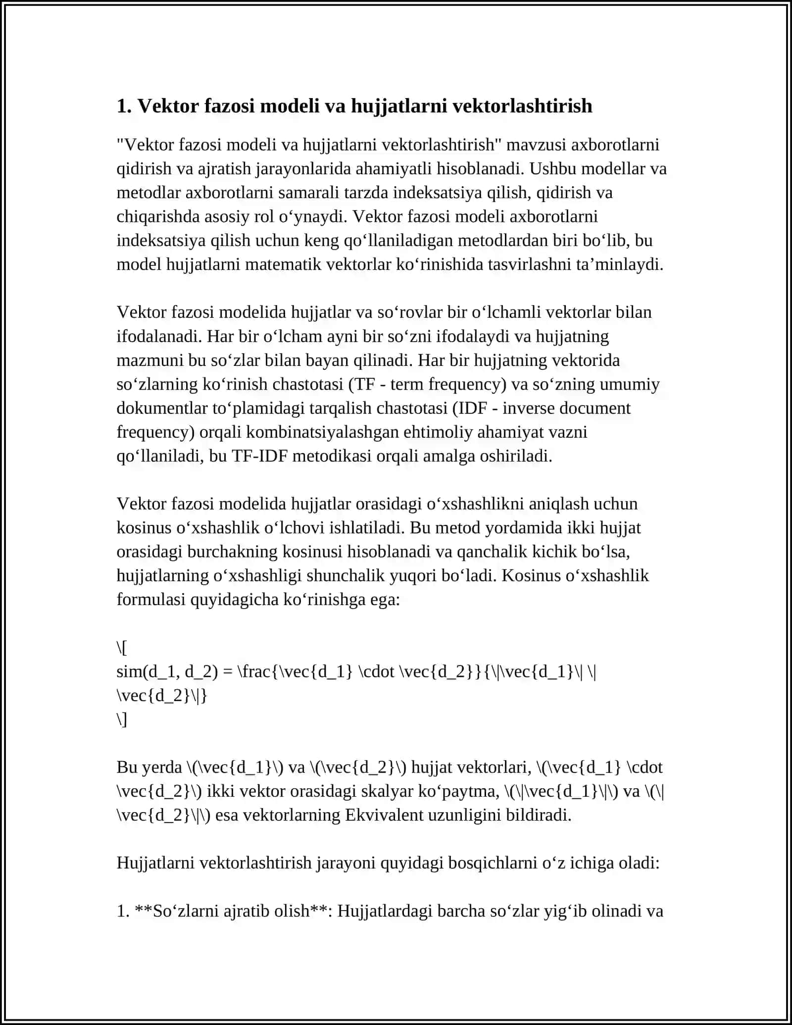 AHBOROTLARNI IZLASH VA AJRATISH VEKTORLARNING USUL VA ALGORITIMLARI 3