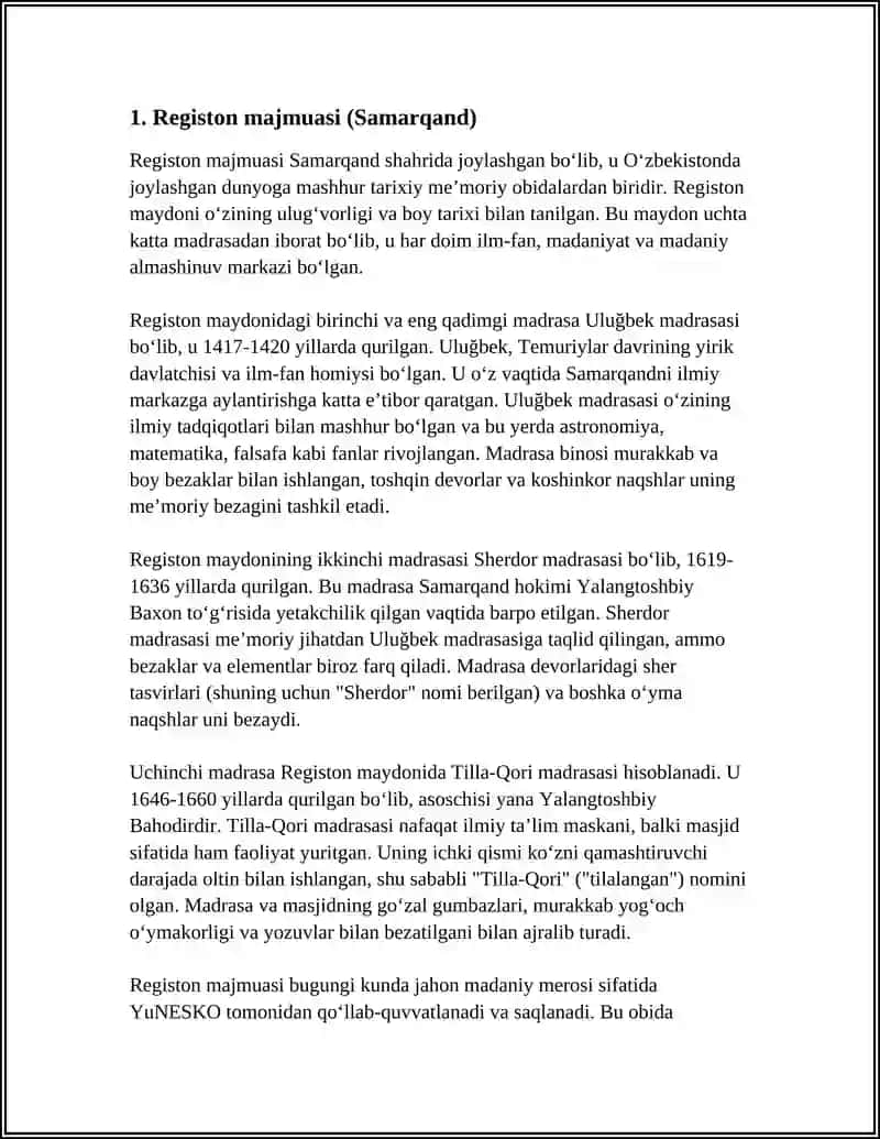 O'ZBEKISTONDA JOYLASHGAN DUNYOGA MASHXUR TARIXIY ME'MORIY OBIDALAR 3