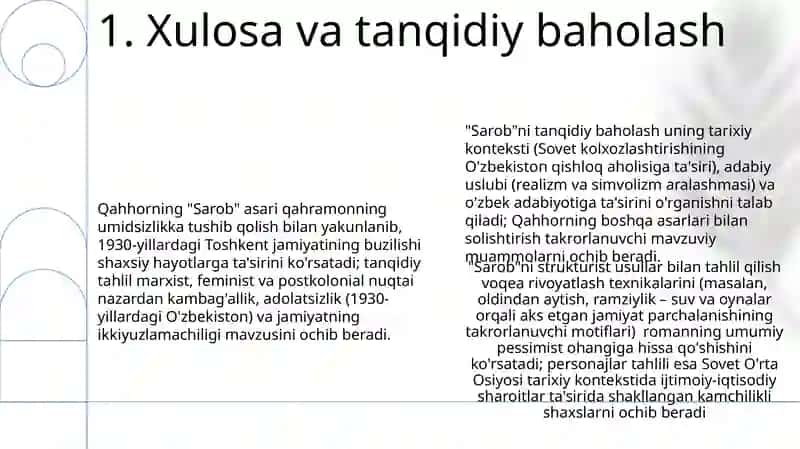 Abdulla Qahhorning sarob romanini turli xil metod bilan tahlil qilib ber 3