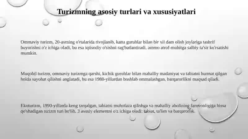 Turizmning asosiy turlari va ularning xususiyatlari 3