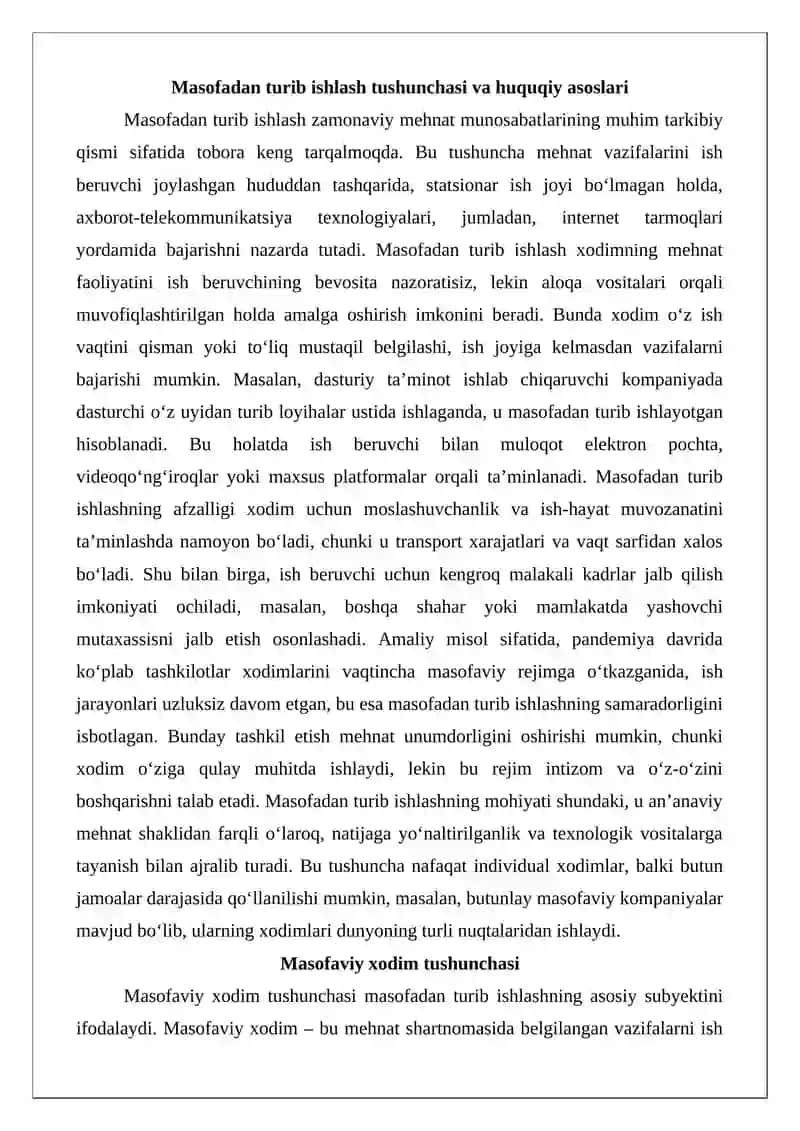 Masofadan turib ishlovchi xodimlarning mehnatini huquqiy jihatdan tartibga solishning o’ziga xos xususiyatlari 3