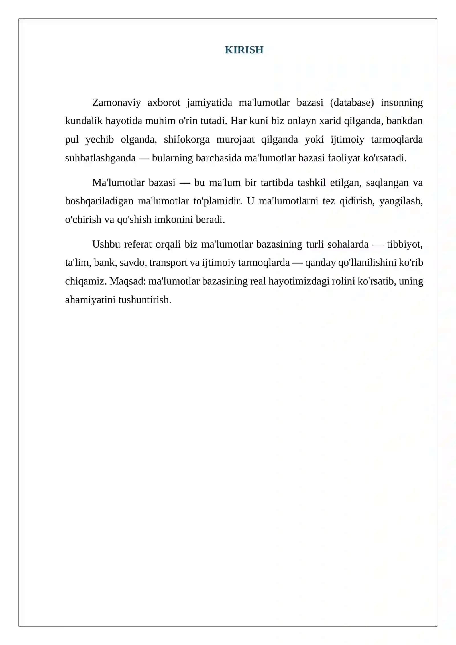 MA'LUMOTLAR BAZASINING KUNDALIK HAYOTDA QO'LLANILADIGAN MISOLLAR 3