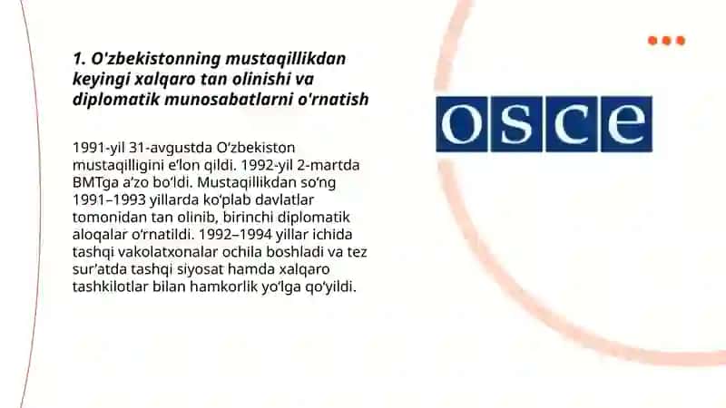 O'zbekistonning mustaqillikdan keyingi xalqaro tan olinishi va diplomatik munosabatlarni o'rnatish 3