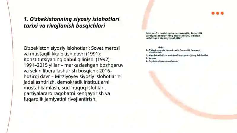 Oʻzbekistonning siyosiy islohotlari tarixi va rivojlanish bosqichlari 3