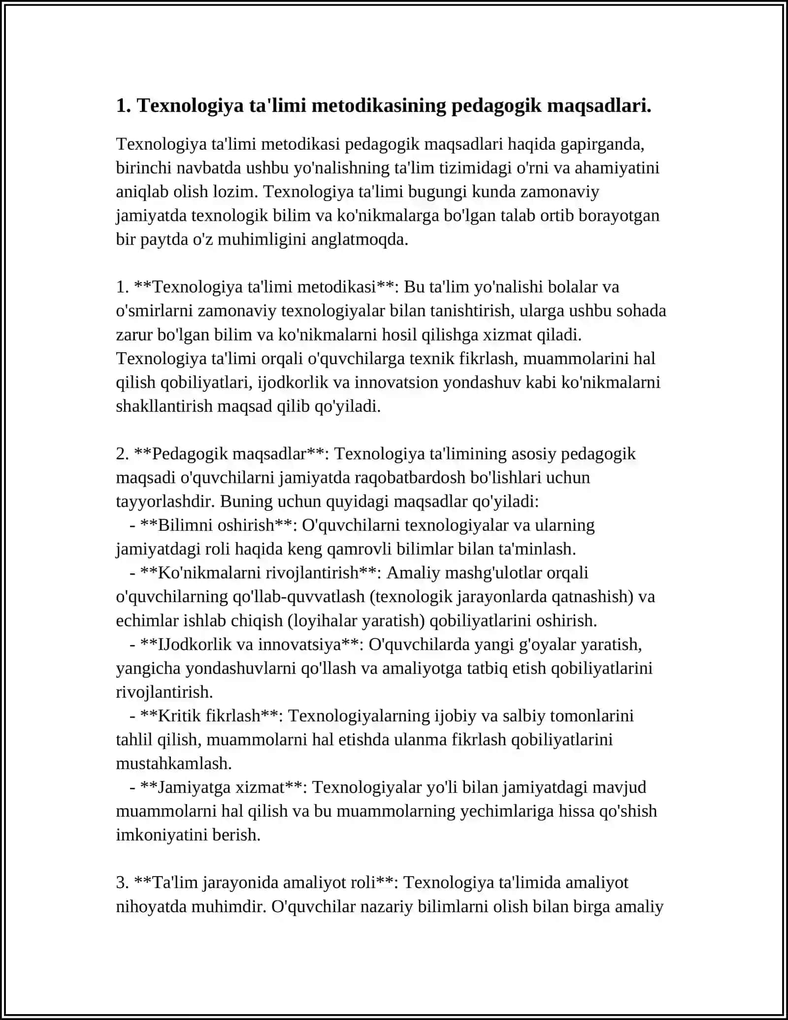 TEXNALOGIYA TA'LIMI METODIKASI FANINING TARBIYADAGI O'RNI NIMALARDAN IBORATLIGINI ANIQLASH 3