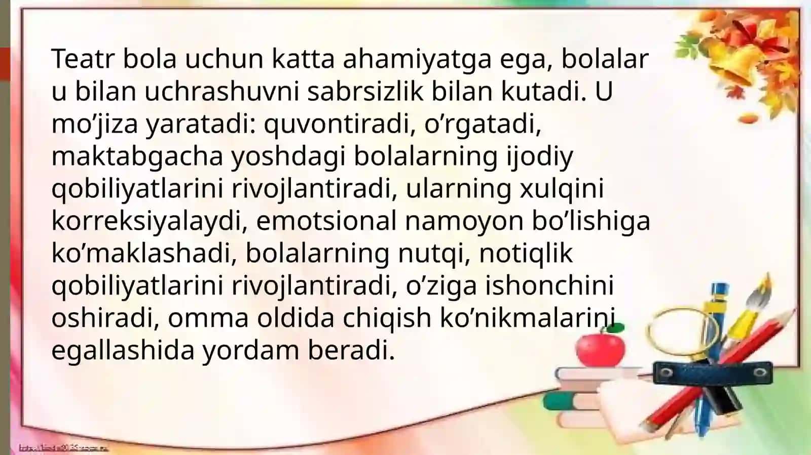Maktabgacha ta’lim tashkilotida turli yosh guruhlarida sahnalashtirish faoliyatining asosiy vazifalari 3