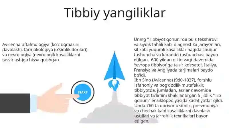 Avicenna oftalmologiya (ko'z oqmasini davolash), farmakologiya (o'simlik dorilari) va nevrologiya (nevrologik kasalliklarni tasvirlash) 3