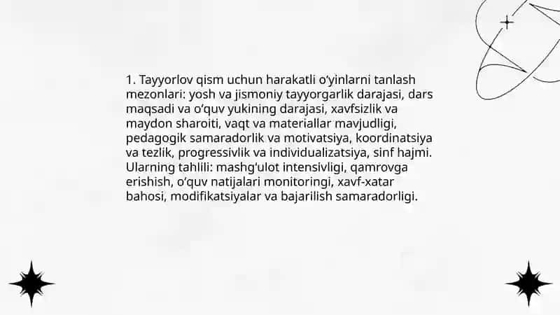 Harkaktli oʻyinlarining jismoniy tarbiya darsining tayyorlov va yakuniy qismiga mos holda tanlash hamda tahlil qilish 3