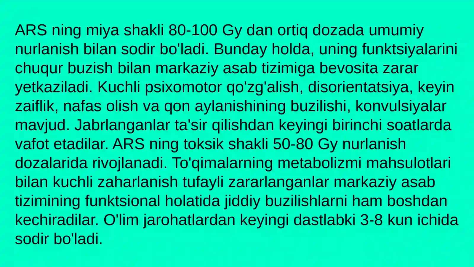 O'tkir nurlanish kasalligi. Patogenez. Klinik ko'rinishlari, klinik bosqichalari,og'irlik darajisiga ko'ra kriteriyalari. Davolash prinsiplari 3