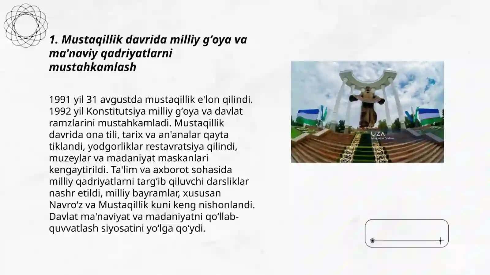 Mustaqillik yillarida Oʻzbekistonda maʼnaviy va madaniy taraqqiyot 3