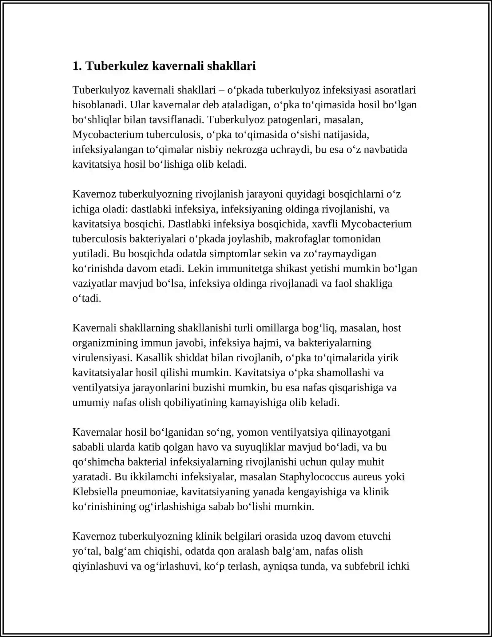 TUBERKULEZNI DESTRUKTIV SHAKLLARI-KAVERNALI,FIBROZ KAVERNALI VA SIRROTIK OPKA TUBERKULEZI.KLINIKASI,TASHXISLASH,KECHISHINI OZIZGA XOSLIGI,ASORATI,OQIBATI 3