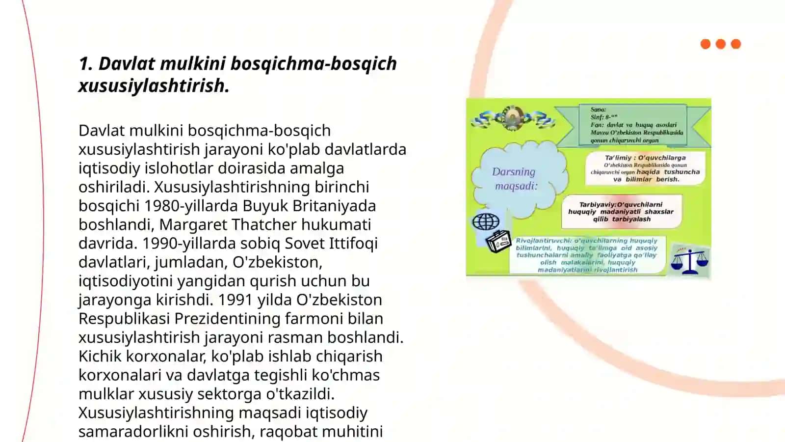 Oʻzbekiston respublikasida mulkni davlat tasarrufidan chiqarish va xususiylashtirish maqsadi yoʻllari va usullari 3