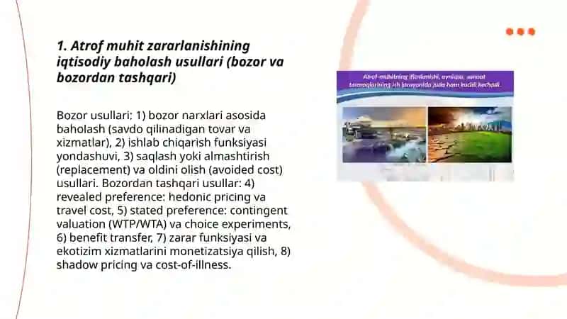 Atrof muhit zararlanishining iqtisodiy baholash usullari (bozor va bozordan tashqari) 3