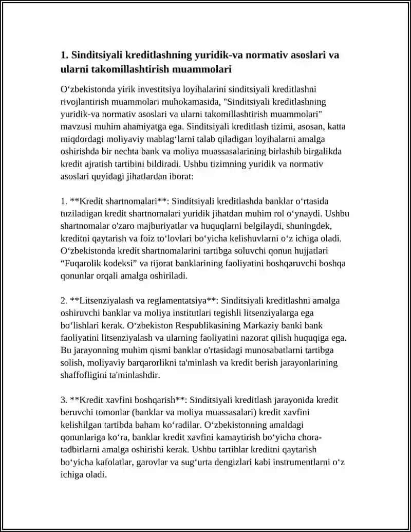 O'ZBEKISTONDA YIRIK INVESTITSIYA LOYIHALARINI SINDITSIYALI KREDITLASHNI RIVOJLANTIRISH MUAMMOLARI 3