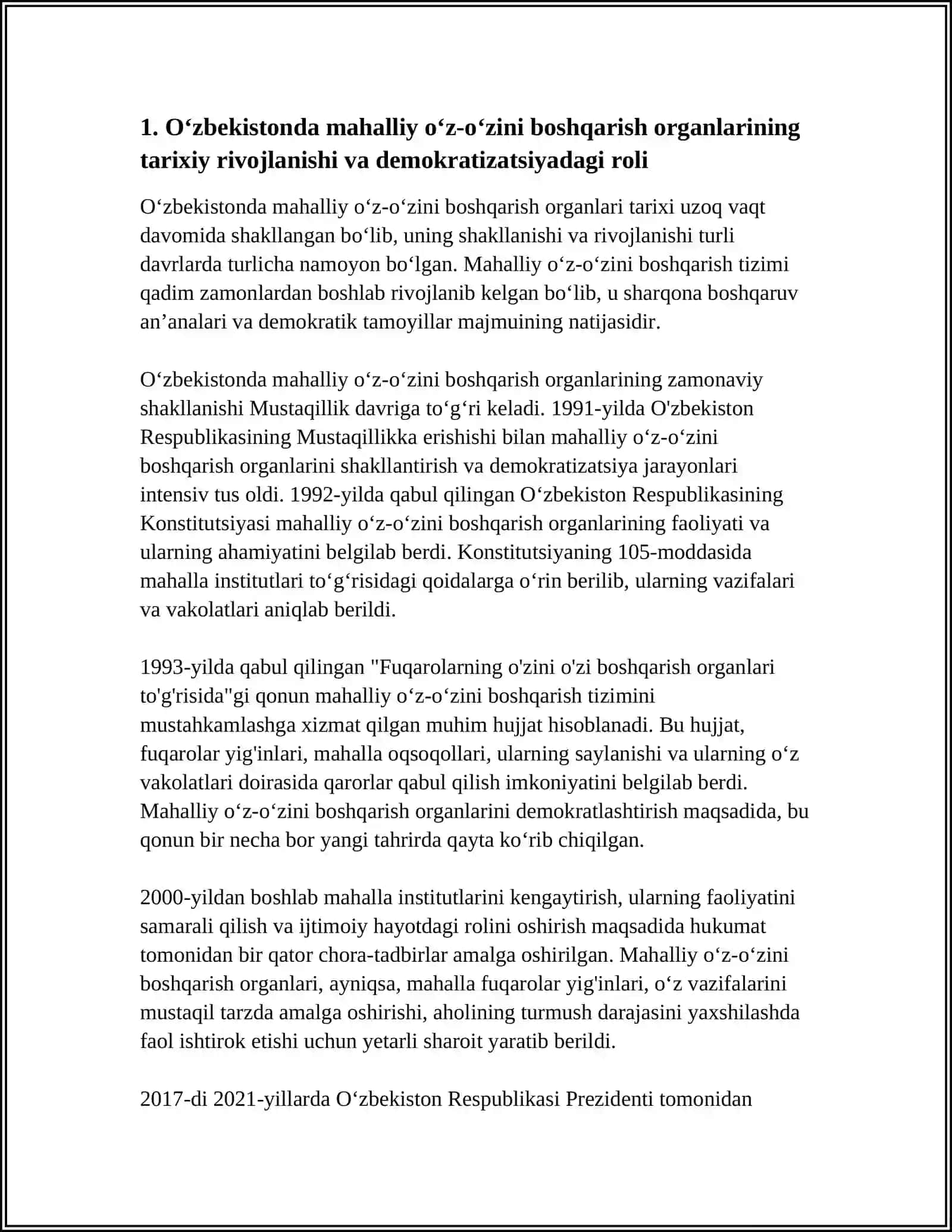 Oʻzbekistonda mahalliy oʻz-oʻzini boshqarish organlarining tarixiy rivojlanishi va demokratizatsiyadagi roli 3