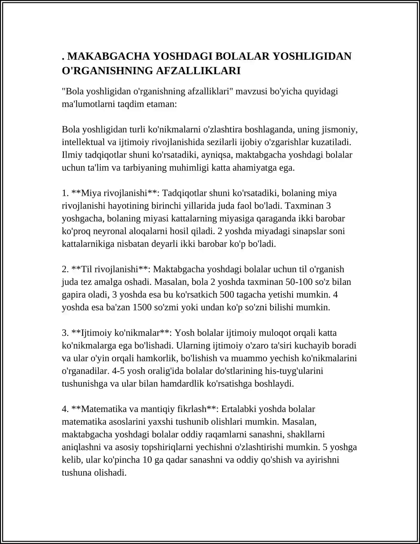 MAKABGACHA YOSHDAGI BOLALAR USTIDA OLIB BORILGAN TADQIQOTLARNI O'RGANISH VA TAHLIL QILISH 3