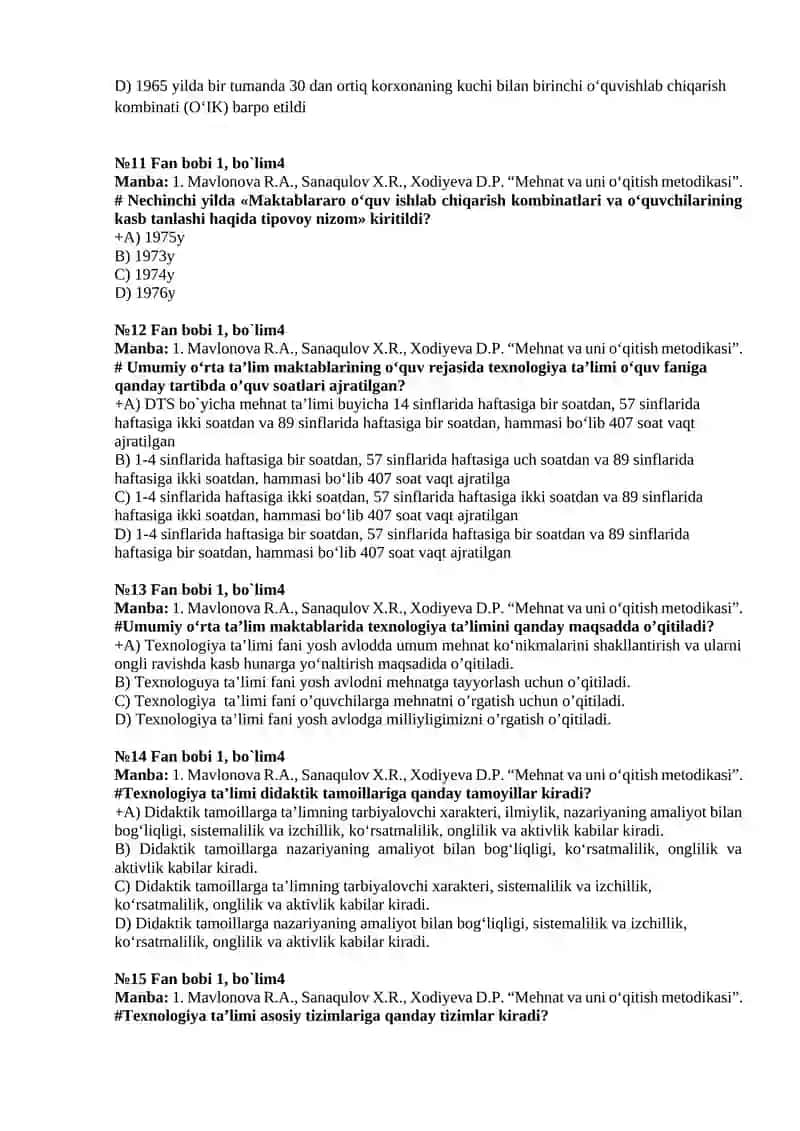 TEXNOLOGIYA VA UNI O`QITISH METODIKASI FANIDAN TEST SAVOLLARI 3