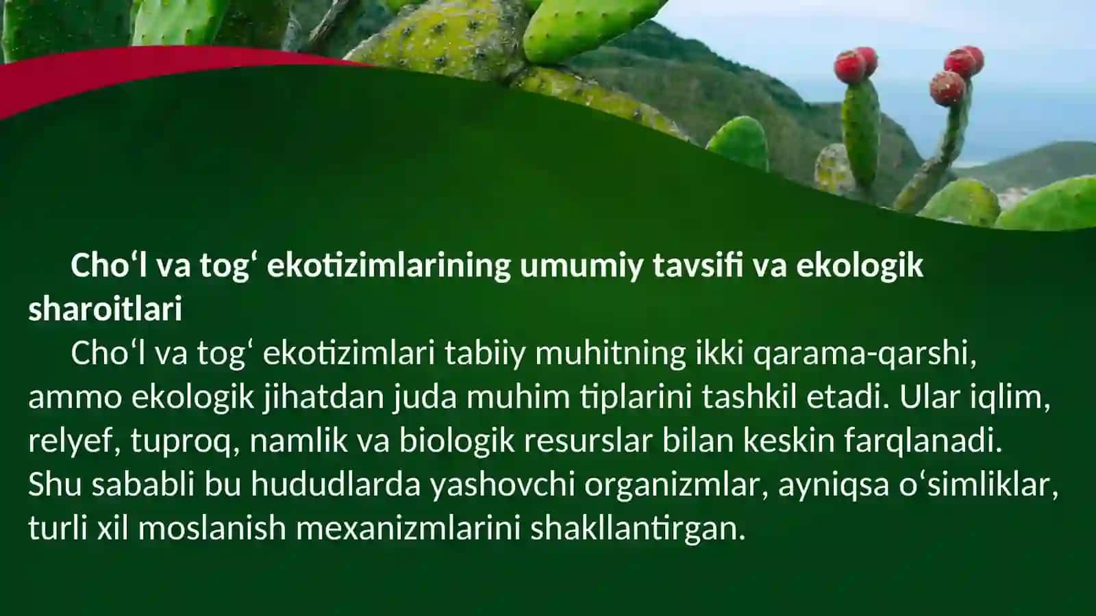 Cho‘l va tog‘ ekotizimlari haqida umumiy tushuncha va ularning o‘simlik qoplami xususiyatlari 3