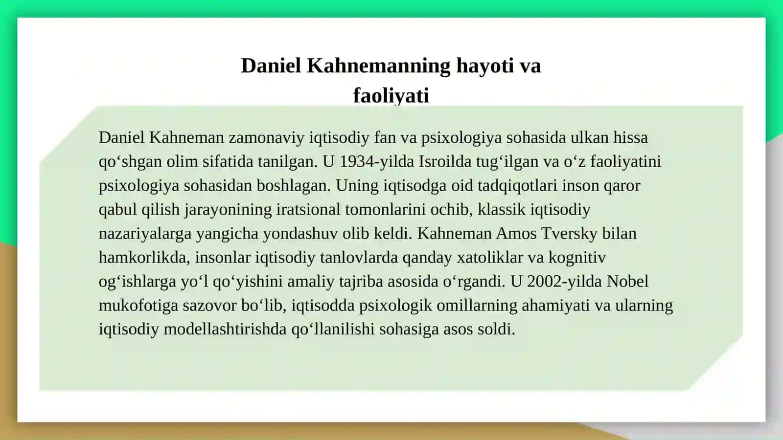 Daniel Kahneman: Xulq-atvor Iqtisodiyoti va Prospekt Nazariyasi (A+ Prezentatsiya / Mustaqil ish) 3