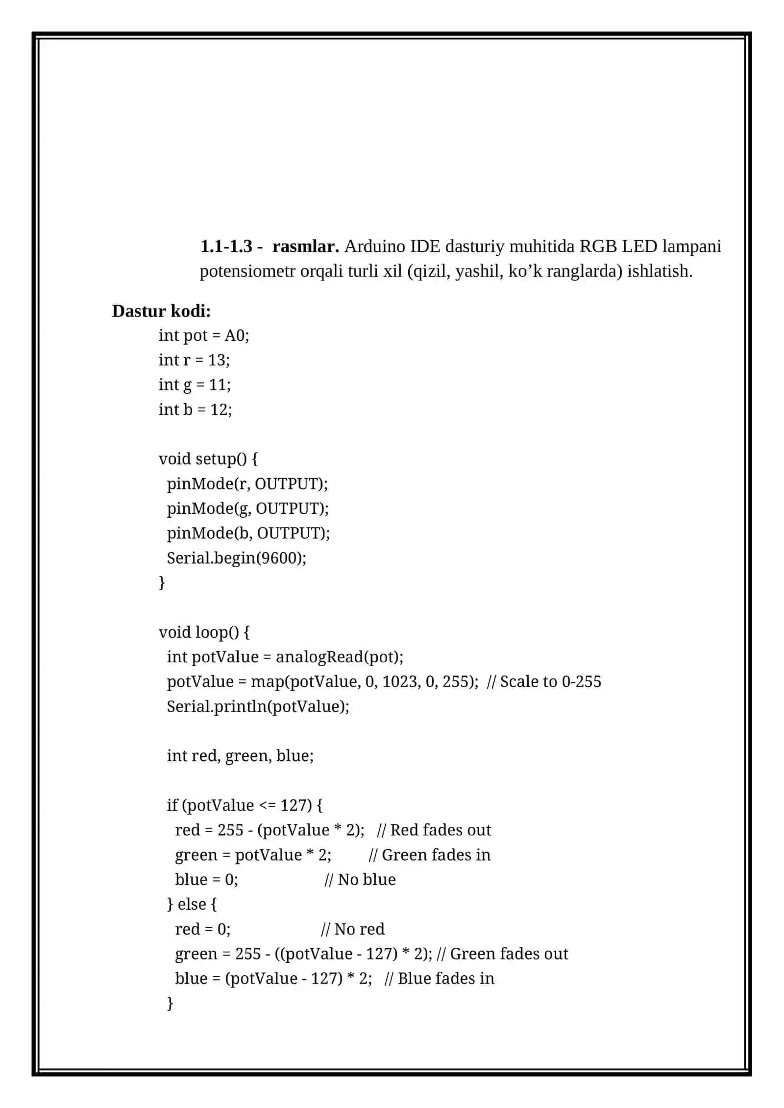 Potensiometr, RGB diod va 1 va 4 razryadli 7 segmentli indikator yordamida berilgan topshiriqlarni bajarish 3