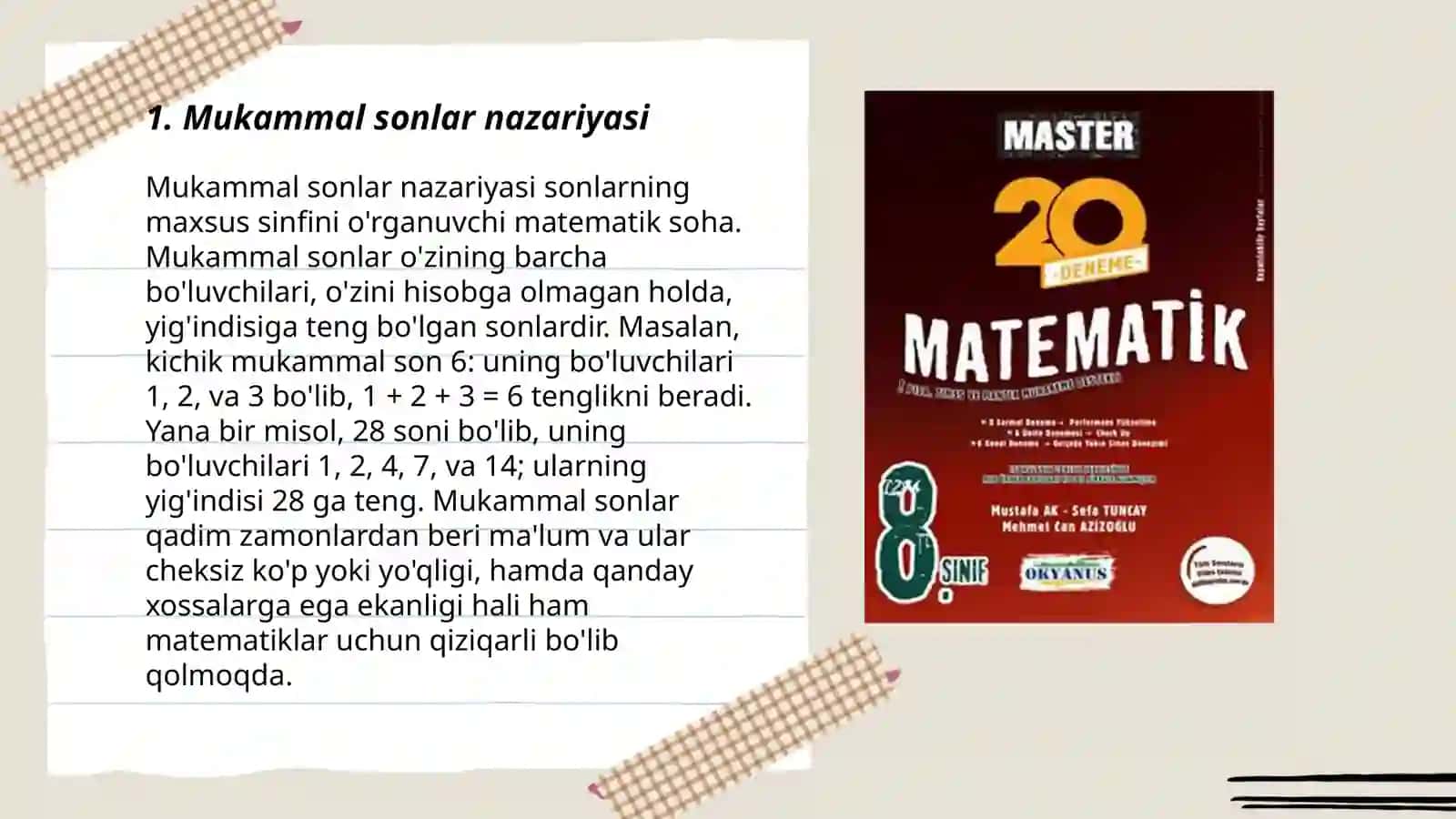 Matematik tushunchalarni shakllantirish manbalari. Mukammal sonlar. Egizak tub sonlar 3
