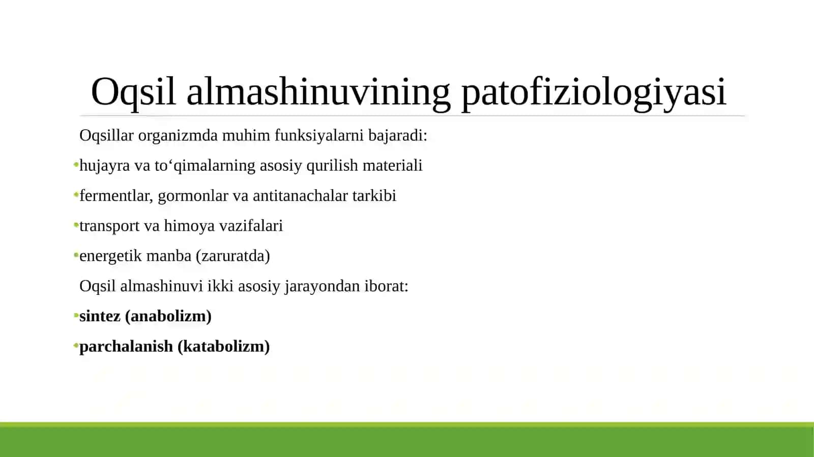 Oqsil almashinuvining patofiziologiyasi. Oqsil almashinuvi buzilishlarining etiologiyasi, patogenezi, rivojlanish bosqichlari. Refraktometriya yordamida qon plazmasining solishtirma og'irligiga muvofiq qon zardobidagi umumiy oqsil miqdorini aniqlash. Azot balansi, turlari va etiologiyasi.Laborator ish: Refraktometrik usulida kasallarni qon zardobida oqsil miqdorini aniqlash.Olingan natijalarni Reys jadvalidagi ko'rsatkichlarga solishtirib qon zardobidagi oqsil miqdorini aniqlash. 3