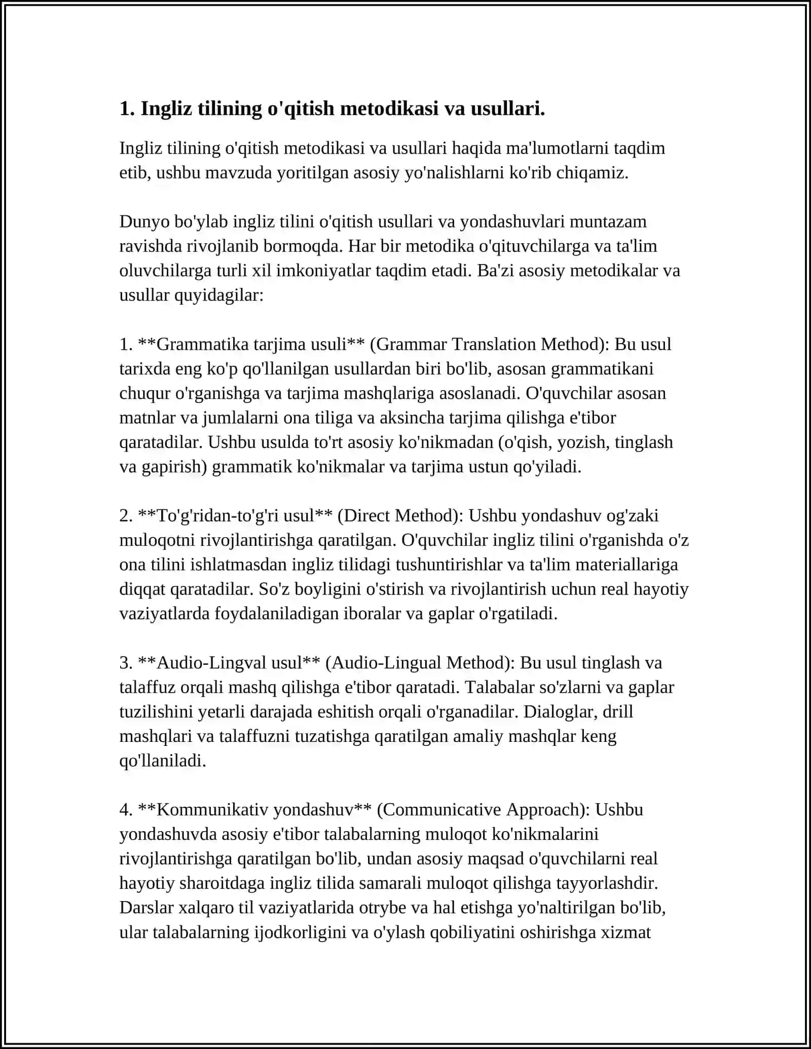 INGLIZ TILINI O'RGATISH METODIKA VA USULLARI. INGLIZ TILINING TALABALARGA AHAMIYATI, RIVOJLANISHI, YO'L-YO'RIQLARI VA O'RGATISH METODLARI BILIM BERISH 3