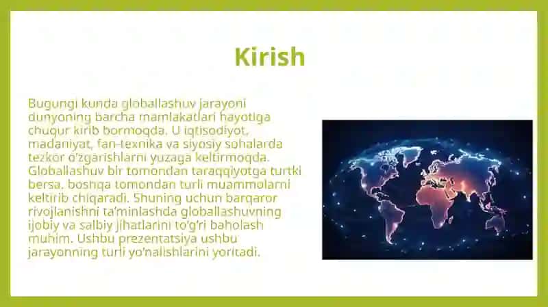 Barqaror taraqqiyotni ta'minlashda globallashuvning ijobiy va salbiy yo'nalishlari. 3