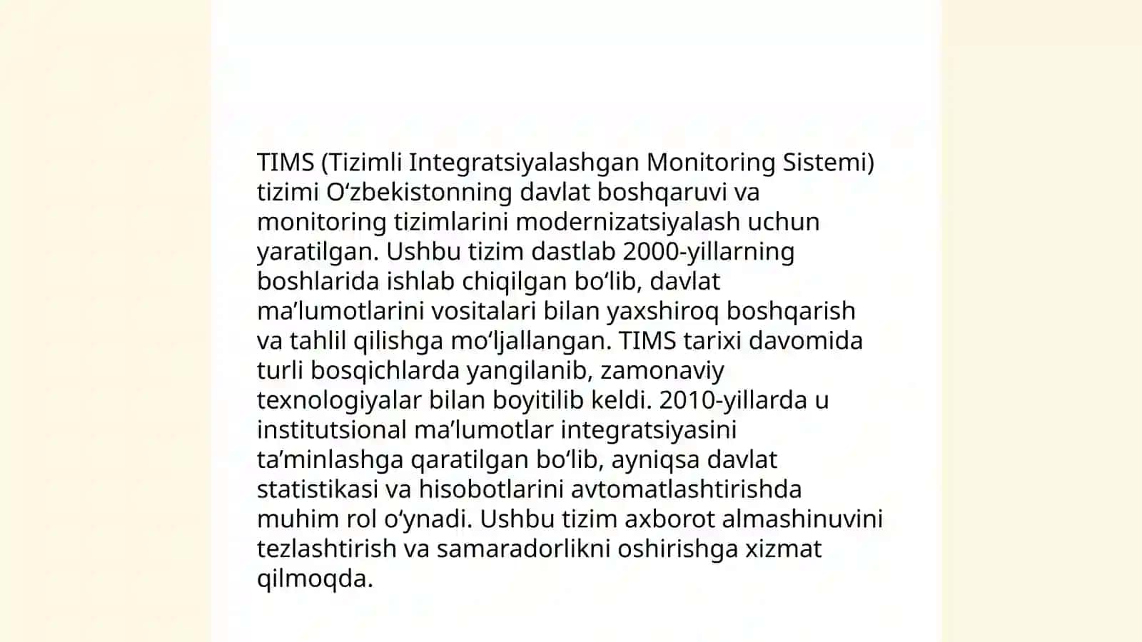 TIMS (Tizimli Integratsiyalashgan Monitoring Sistemi) 3