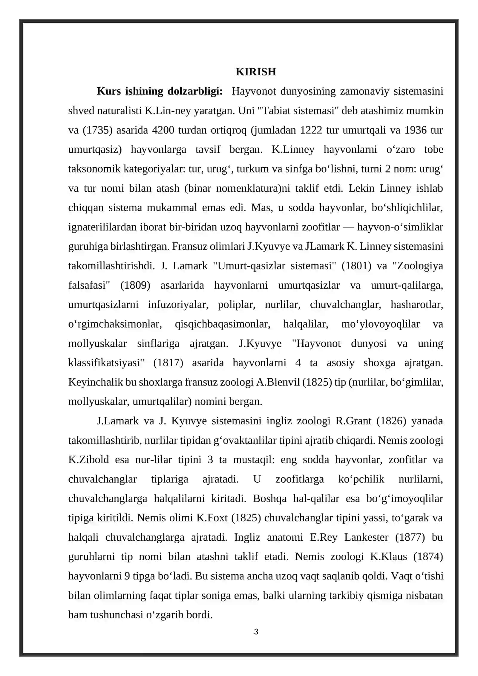 Hayvonot olamining xilma xilligi, tuzilishi, hayvonlarning hulq atvori, ko’payishi, rivojlanishi, geografik kelib chiqishi va tarqalishi KURS ISHI 3