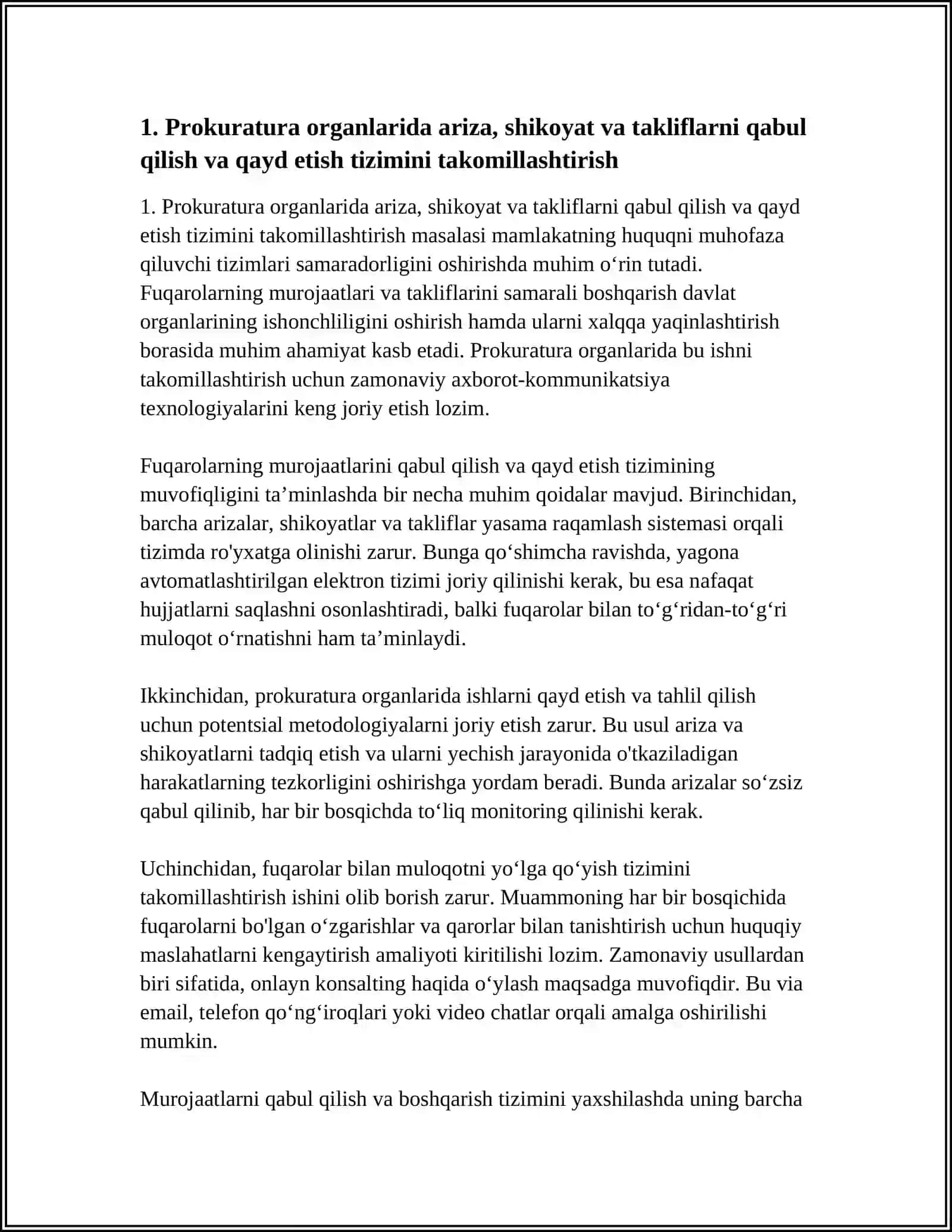 PROKURATURA ORGANLARIDA ARIZA, SHIKOYAT VA ( TAKLIF) MUROJATLARI BOʻYICHA ISHLASHNI TAKLIF QILISH 3