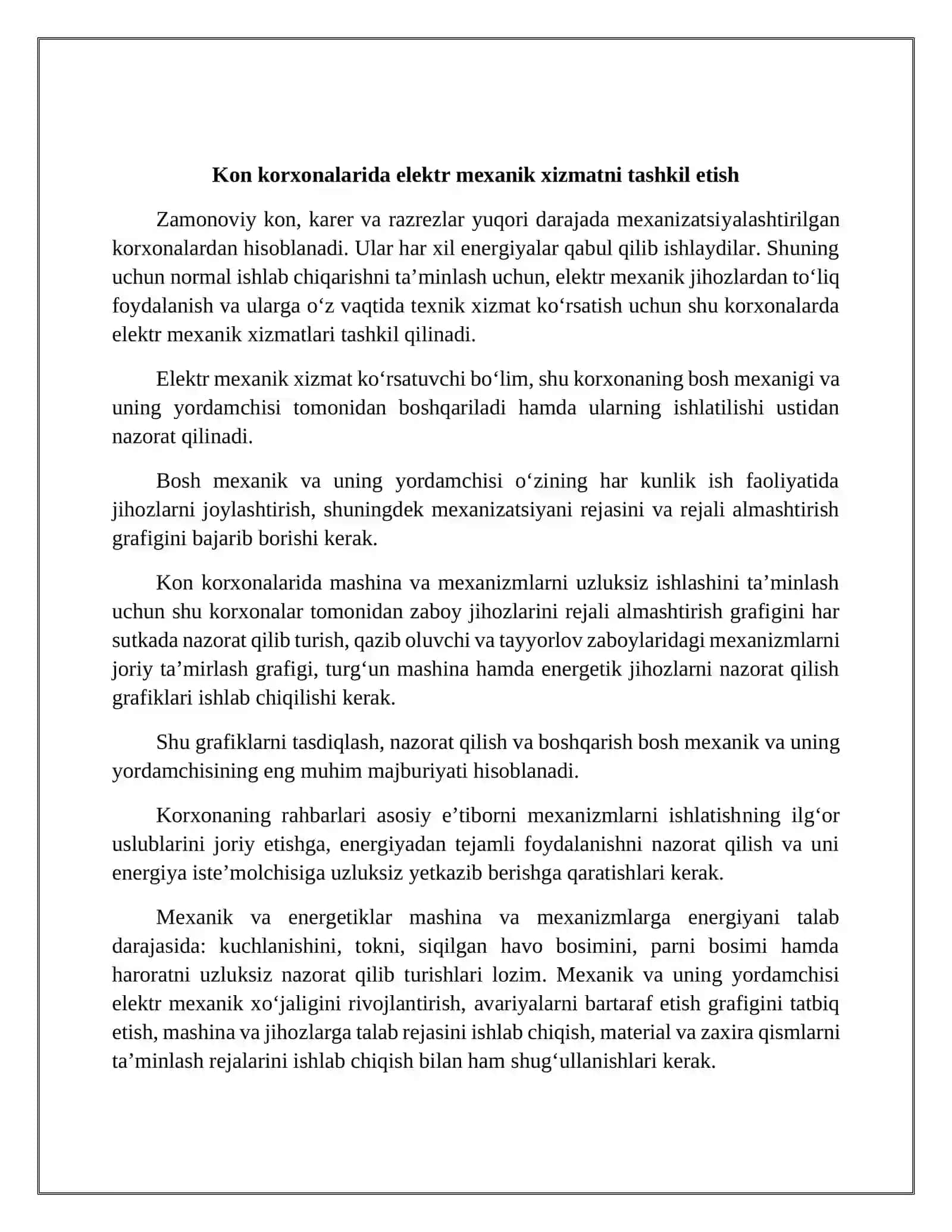 Konchilik korхonalarida ta’mirlash хizmatini tashkil etish 3