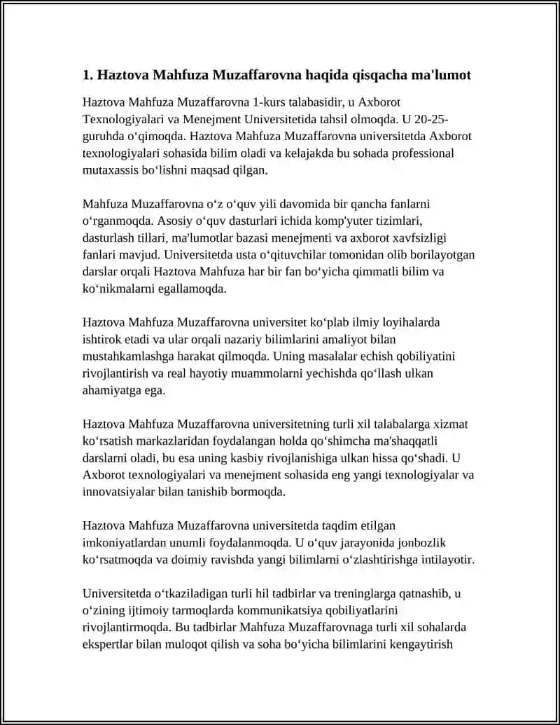 HAZTOVA MAHFUZA MUZAFFAROVNA 1-KURS 20-25-GURUH/ AXBOT TEXNOLOGIYA VA MENEJMENT UNEVERSITET 3