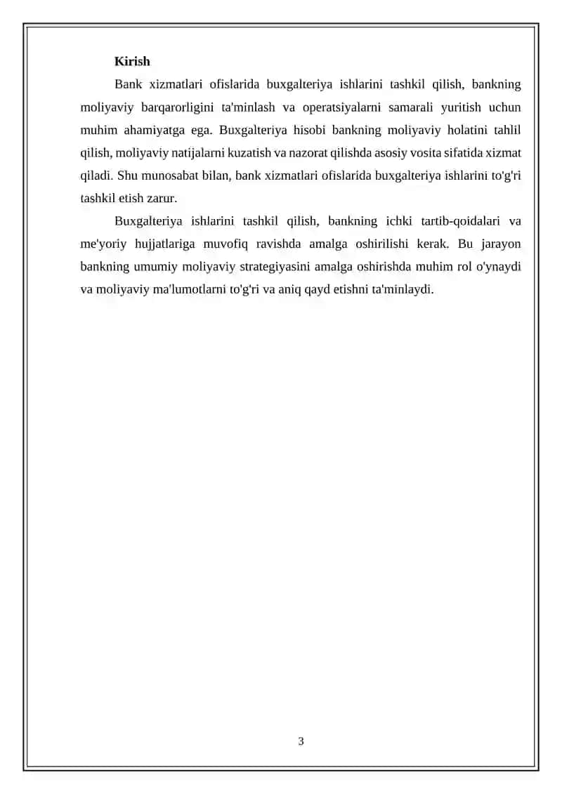 BANK XIZMATLARI OFISLARIDA BUXGALTERIYA ISHLARINI TASHKIL QILISH ASOSLARI rEFERATI 3