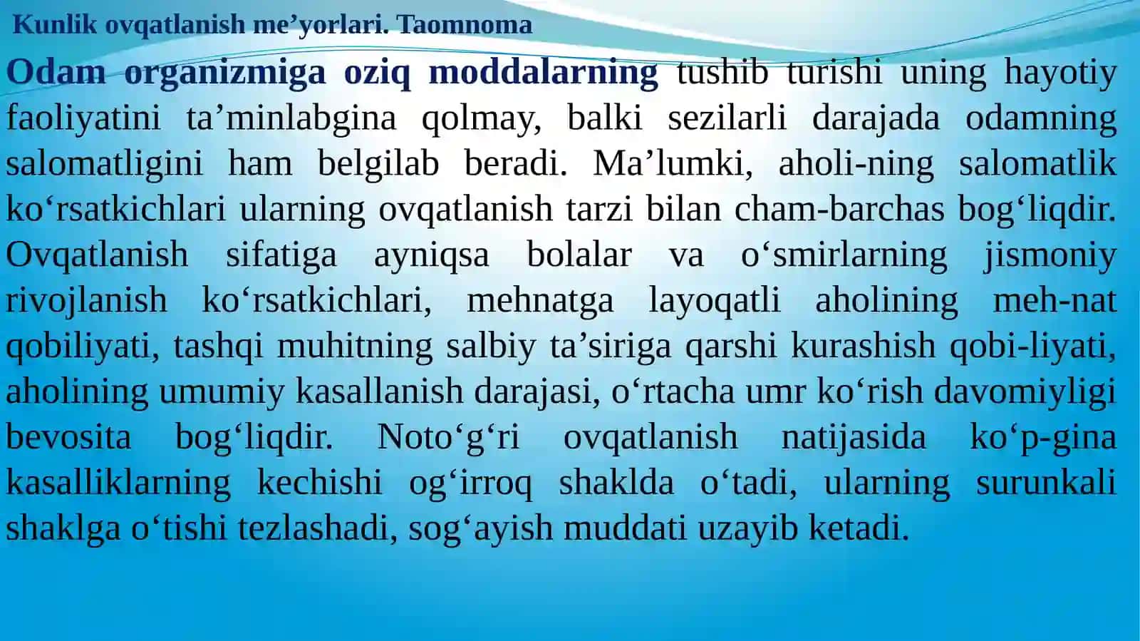 To`g`ri ovqatlanish asoslari. Kunlik ovqatlanish me’yorlari. Taomnoma 3