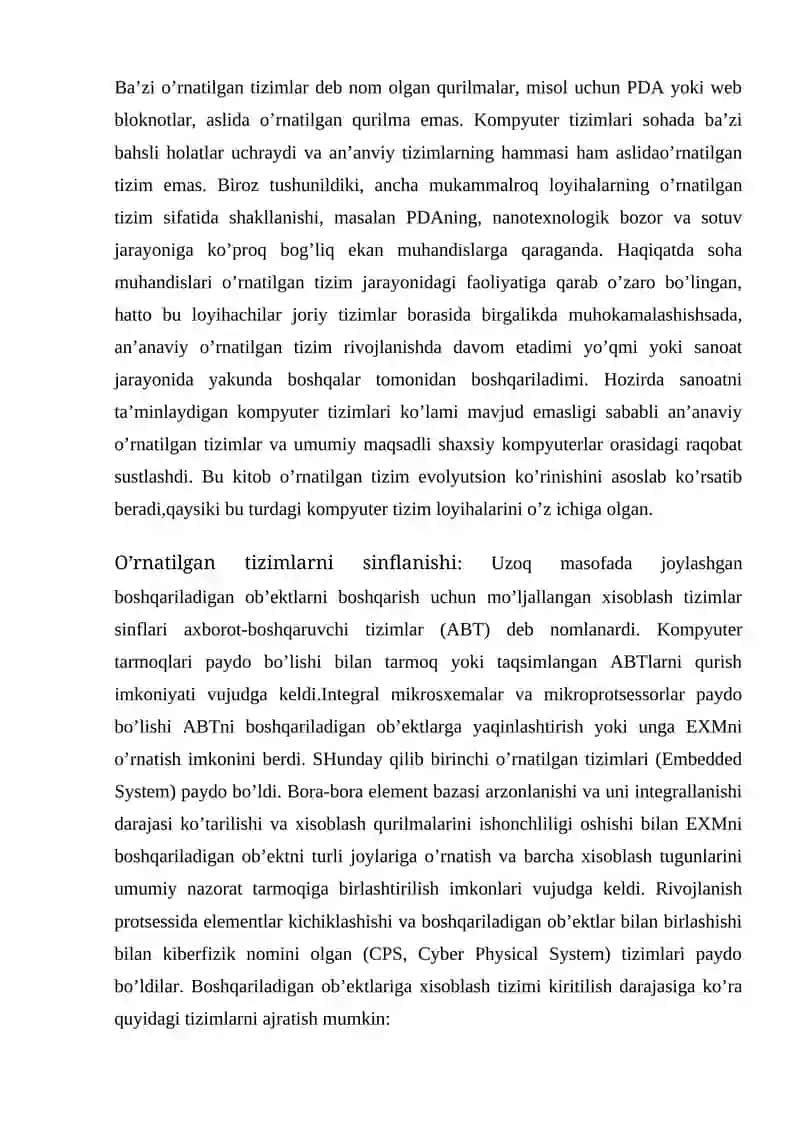O‘rnatilgan tizimlar faniga kirish.O‘rnatiladigan tizimlar haqida asosiy tushunchalar. O‘rnatilgan tizimlarning turlari va ko‘rsatgichlari. Real vaqt o‘lchamida ishlash 3