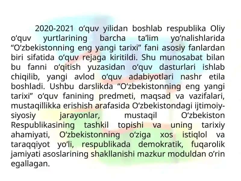 O‘zbekistonning eng yangi tarixi fanining predmeti, maqsadi va vazifalari, uni o‘rganishning nazariy-metodologik tamoyillari 3
